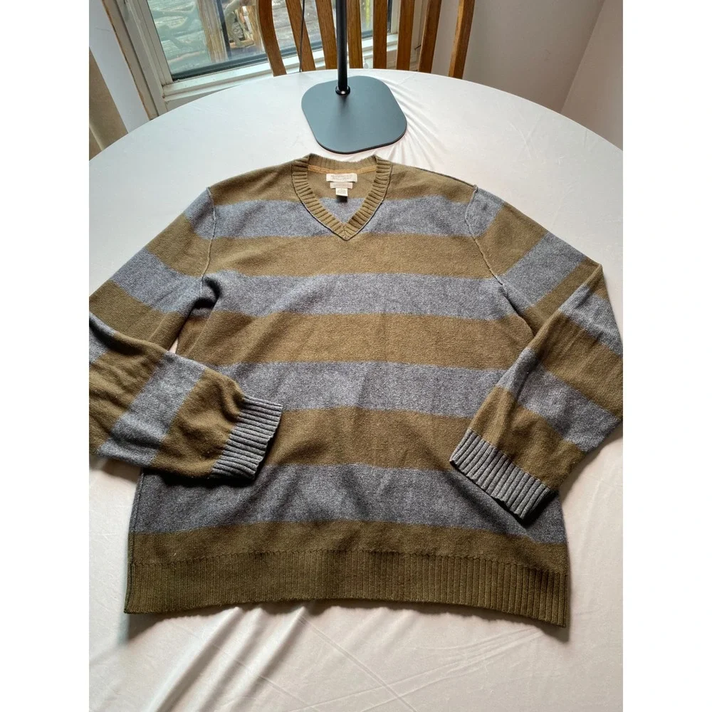 Banana Republic Mens Cashmere Blend Striped V-Neck Sweater Olive Gray L